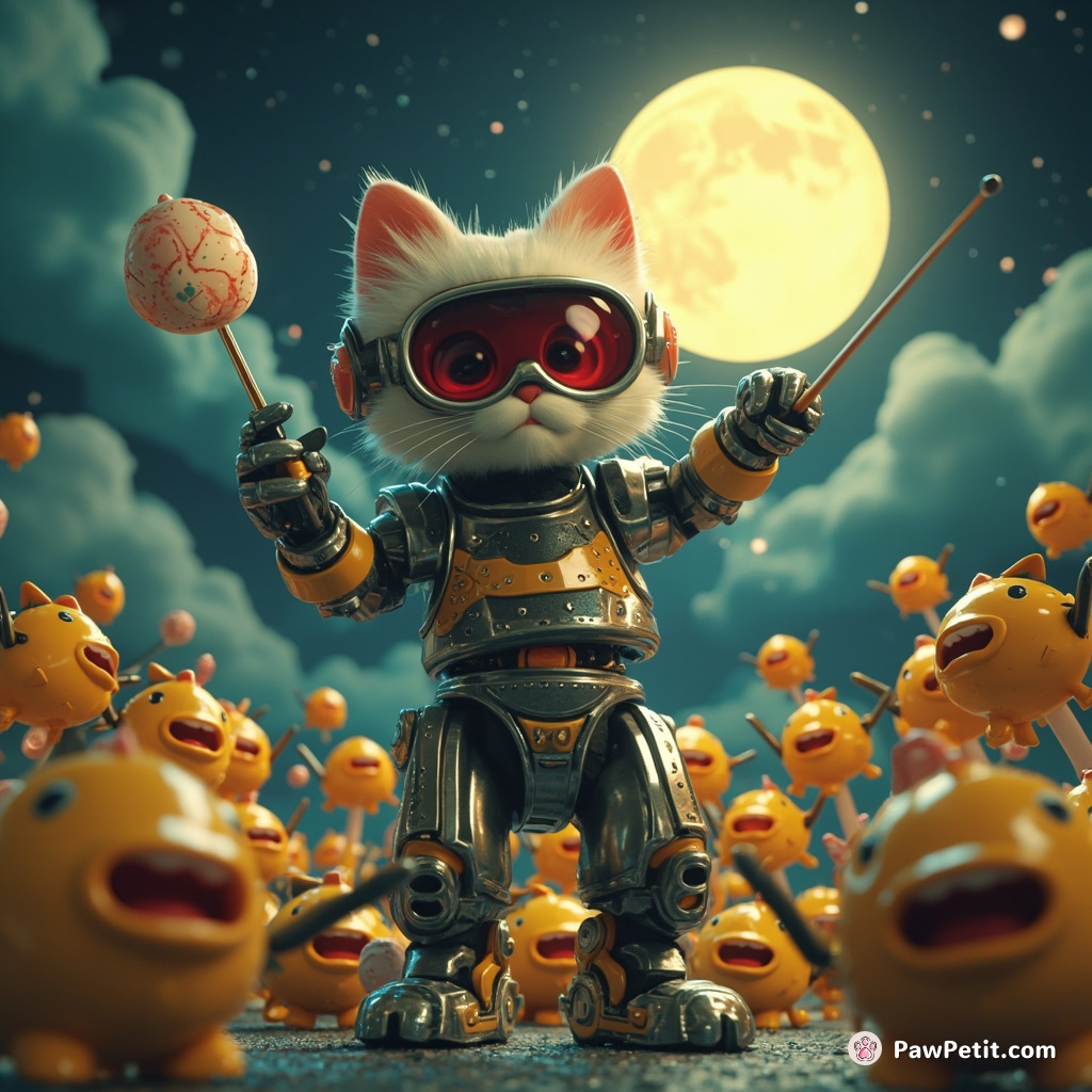 Cybernetic kitty commanding an orchestra of animated tunafish under a glowing moon cheese discoball.
