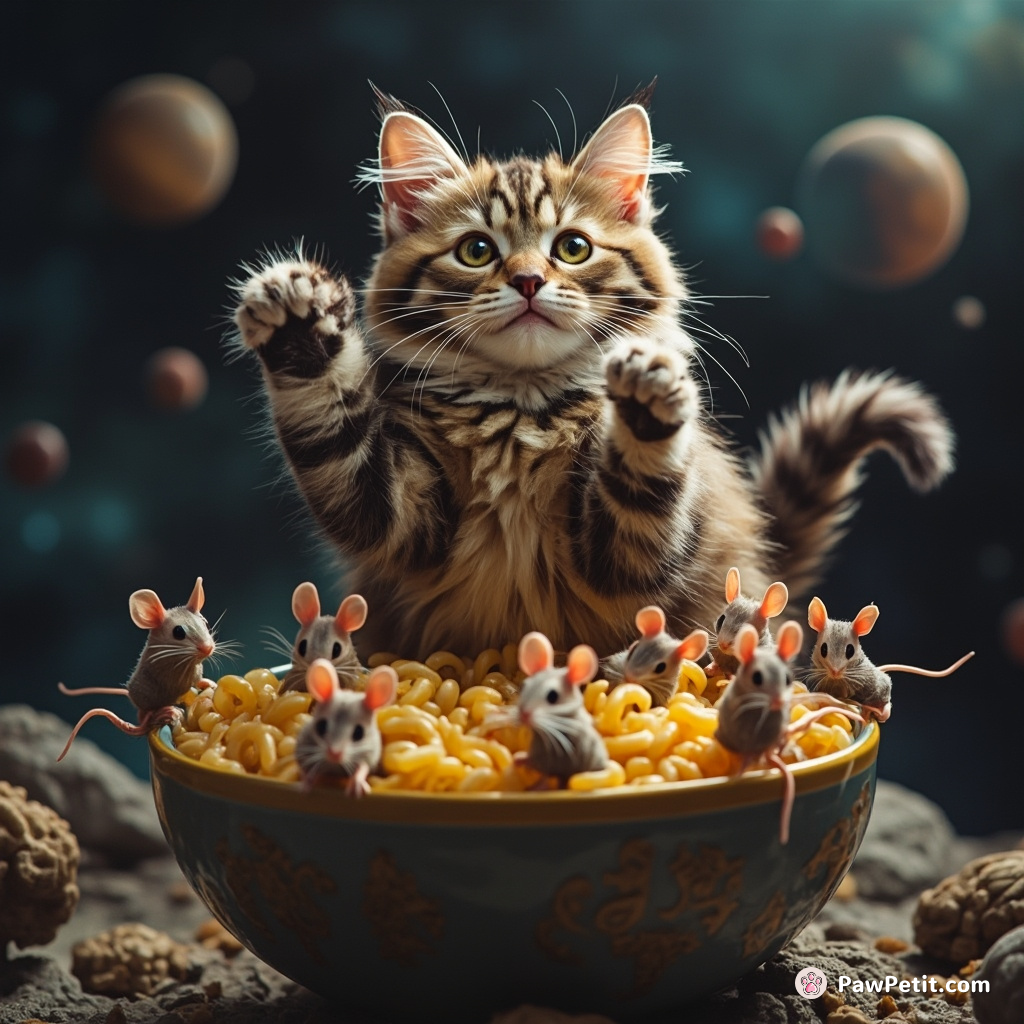 Cat conducting a symphony orchestra of mice with its tail, atop a space-rock floating in an intergalactic macaroni bowl.