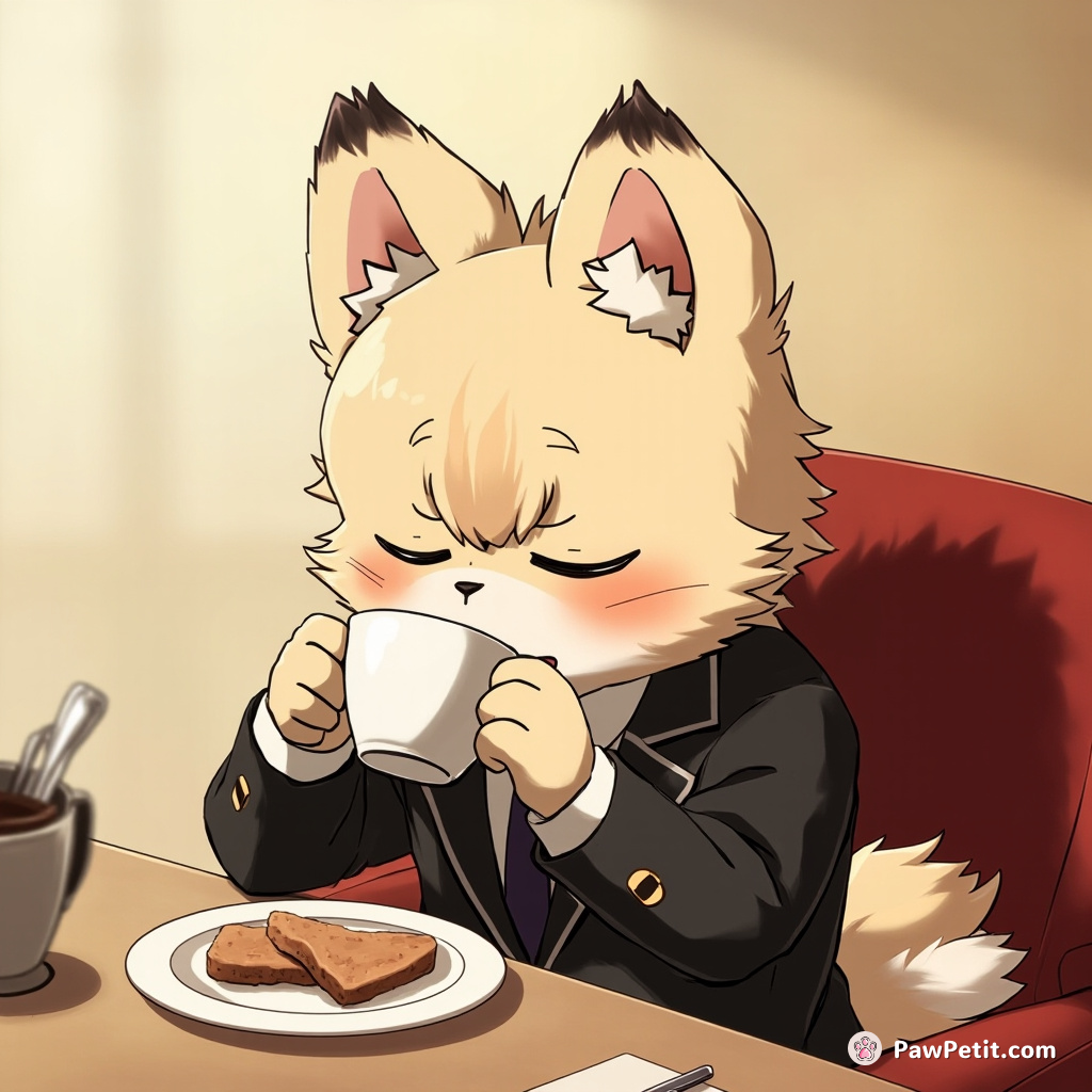 Swaggering Fluffy, wearing a dapper suit, attempts to sip coffee demurely at breakfast: an anomaly of furred sophistication.