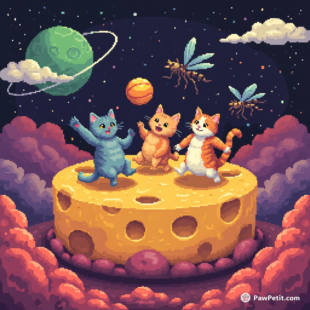A trio of cats playing dodgeball with alien mosquitoes on a cheese-shaped asteroid.
