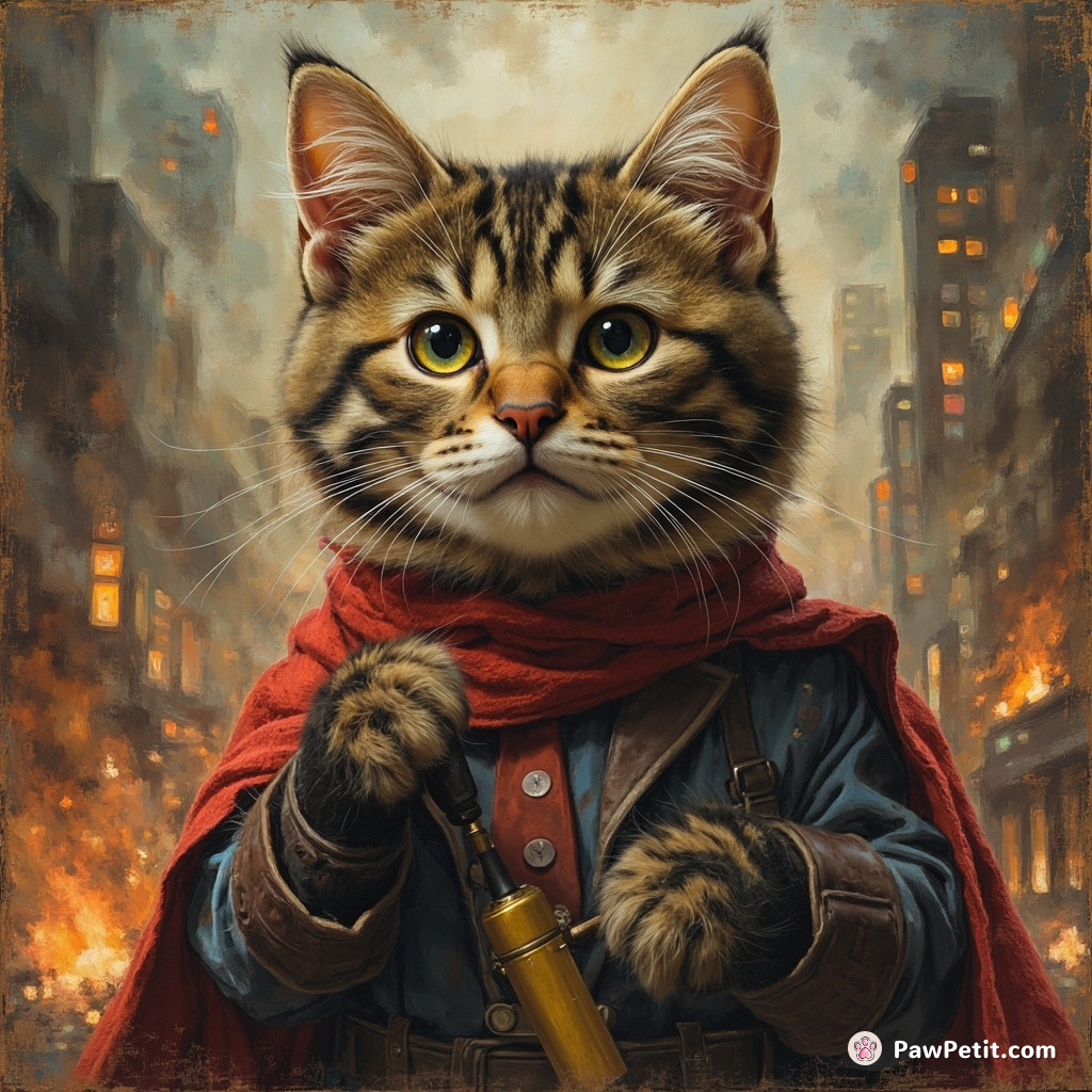 A cat "steals" a villain's detonator, saving the city; hailed as a hero by mistake.