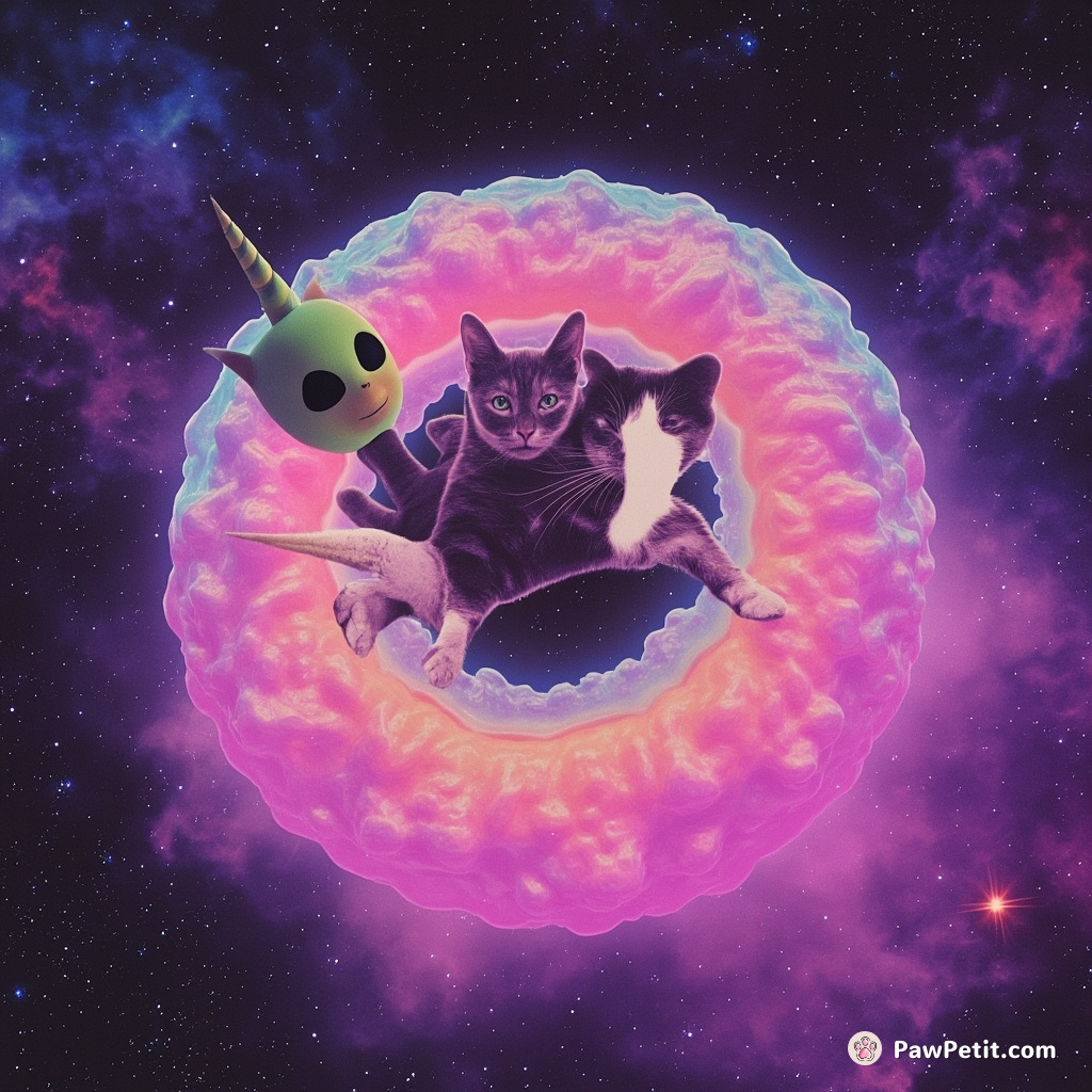 Alien cat riding a unicorn doughnut through intergalactic donut hole nebula.