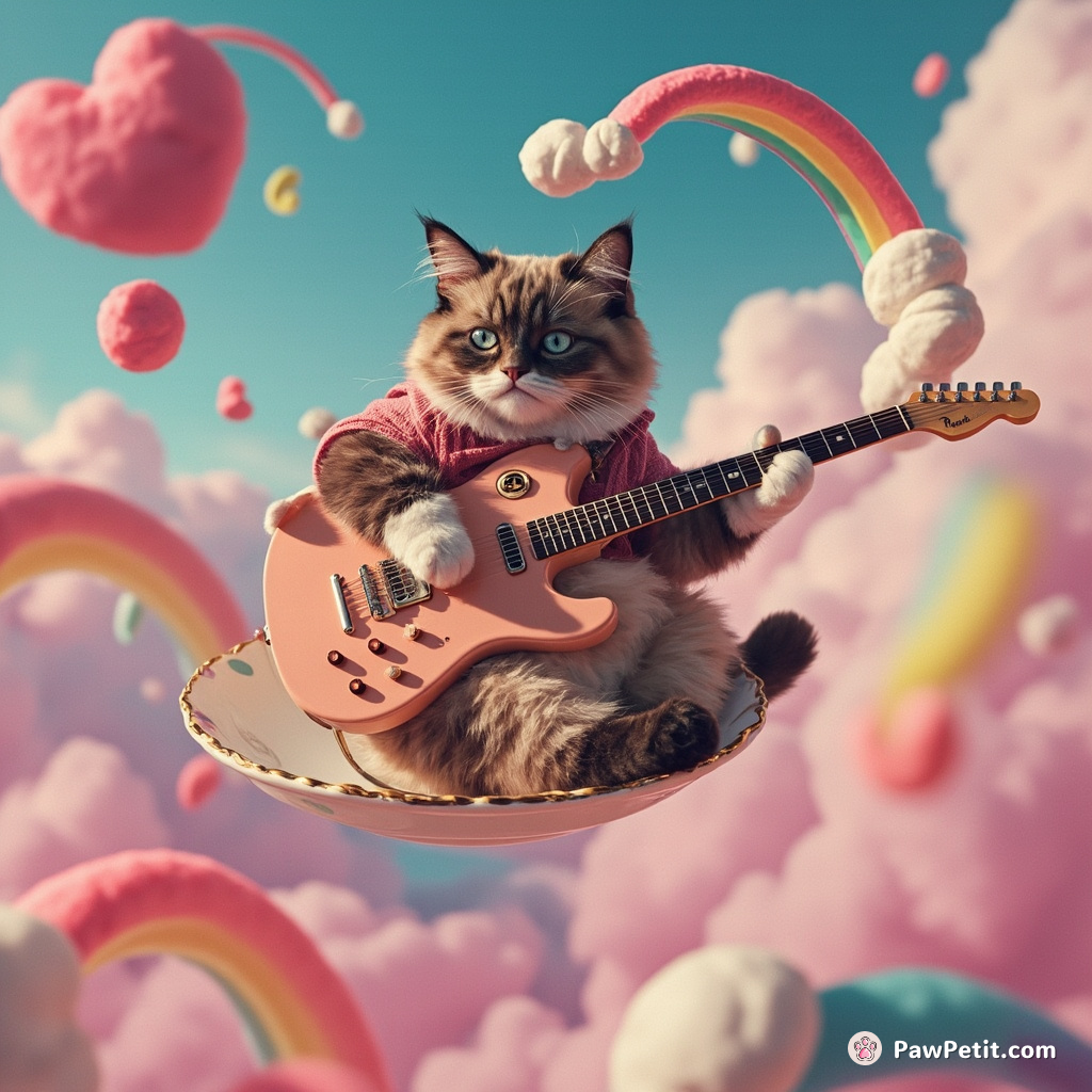 A grumpy cat piloting a flying teacup through rainbow candy skies, dodging gummy worms while strumming a marshmallow guitar.