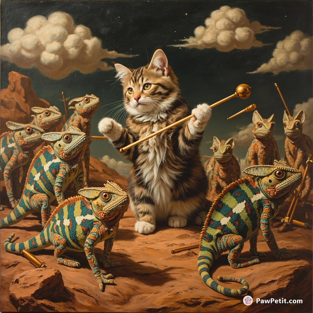 Cat conducting a symphony orchestra of pencil-shaped chameleons on Mars, amidst floating pom-pom clouds.