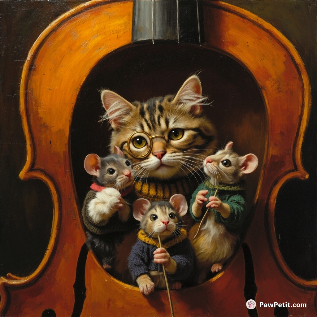 A monocle-wearing cat conducting a symphony of trusted, multi-colored mice musicians in pullovers inside the hollow of an enormous violin.