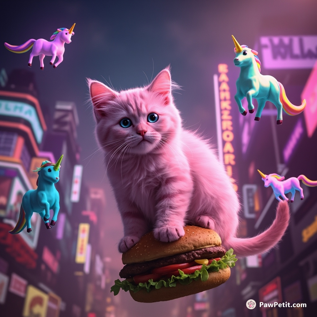 A florescent pink cat defying gravity on a flying cheeseburger, juggling tiny rainbow unicorns in neon city at dusk.