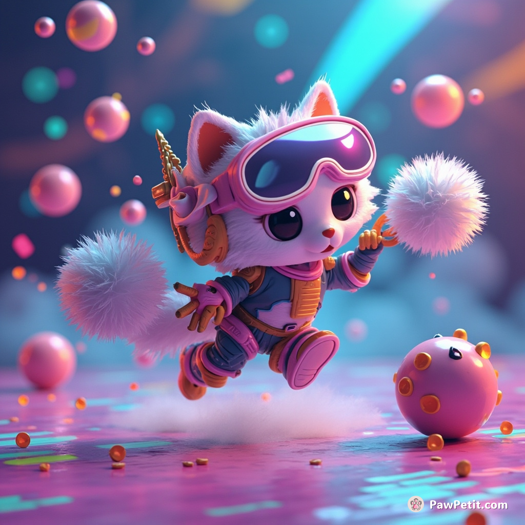 In a whimsical digital universe, a techno-feline can be seen DEFYING GRAVITY coding realm-bending reality-altering furballs.