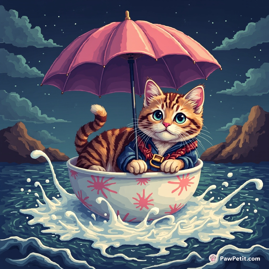 A regal cat holding an umbrella while floating in a soup bowl on a stormy sea of milk.
