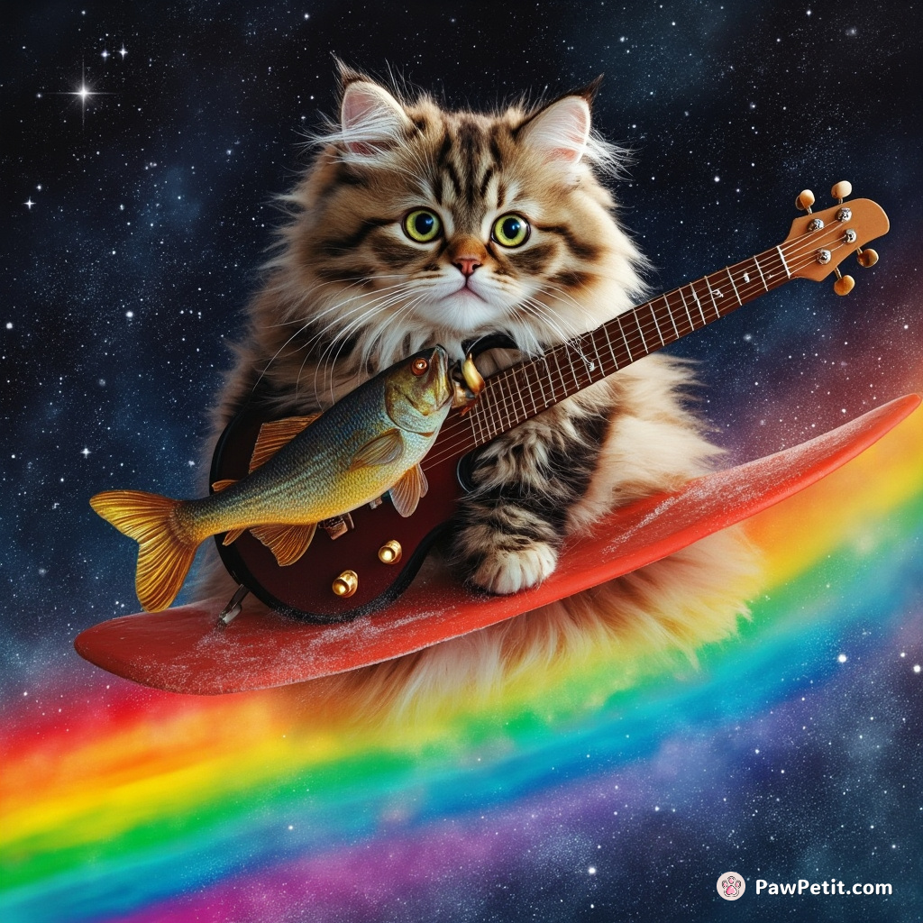 A cat surfing on a rainbow carrying an electric guitar-shaped fish in its mouth, all against the backdrop of a glittery galaxy.