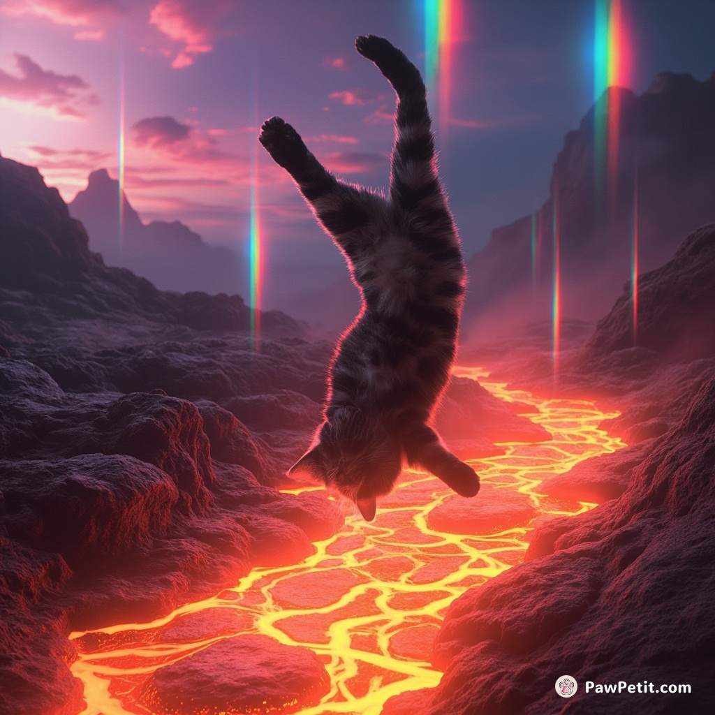 A tabby cat doing a backflip over a hot lava river in an alien landscape under rainbow showers.