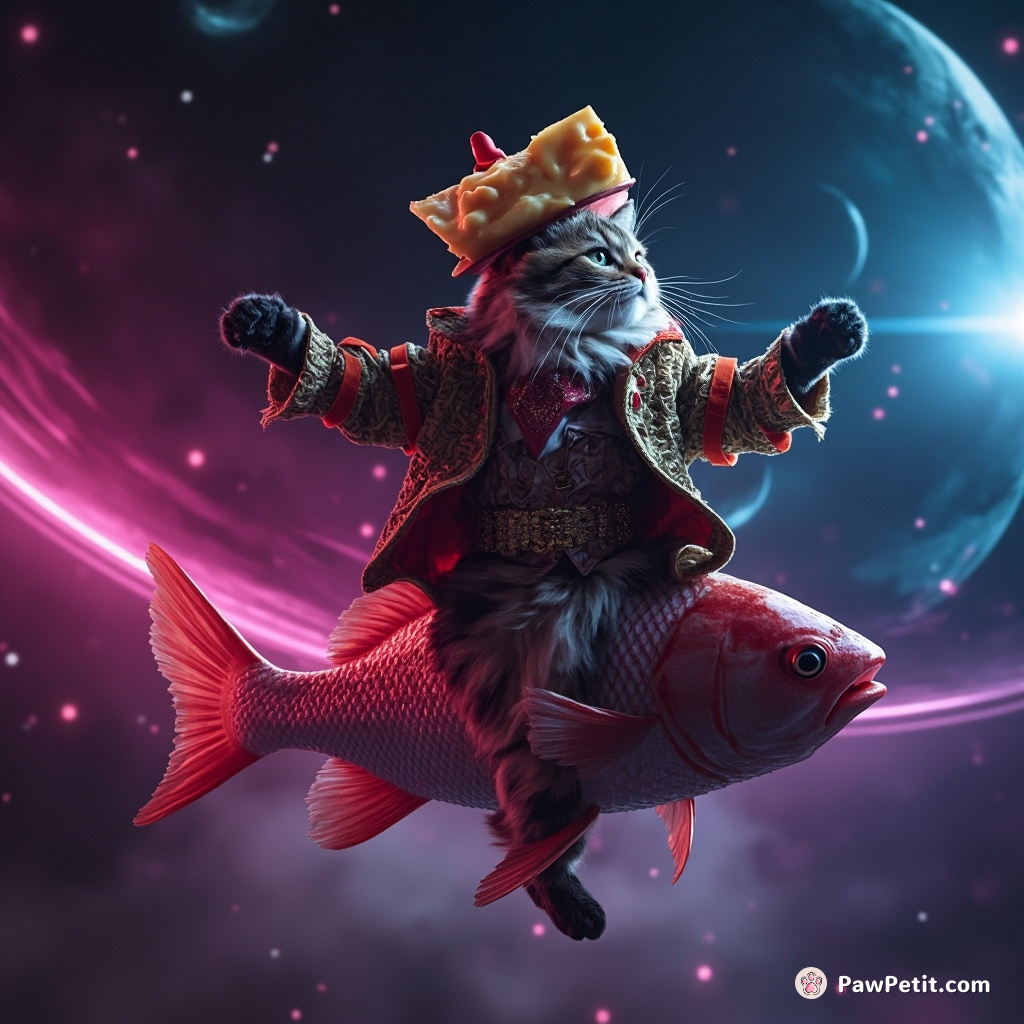 A cat flamenco dancing on a floating fish in space, crowned with a fancy cheese hat.
