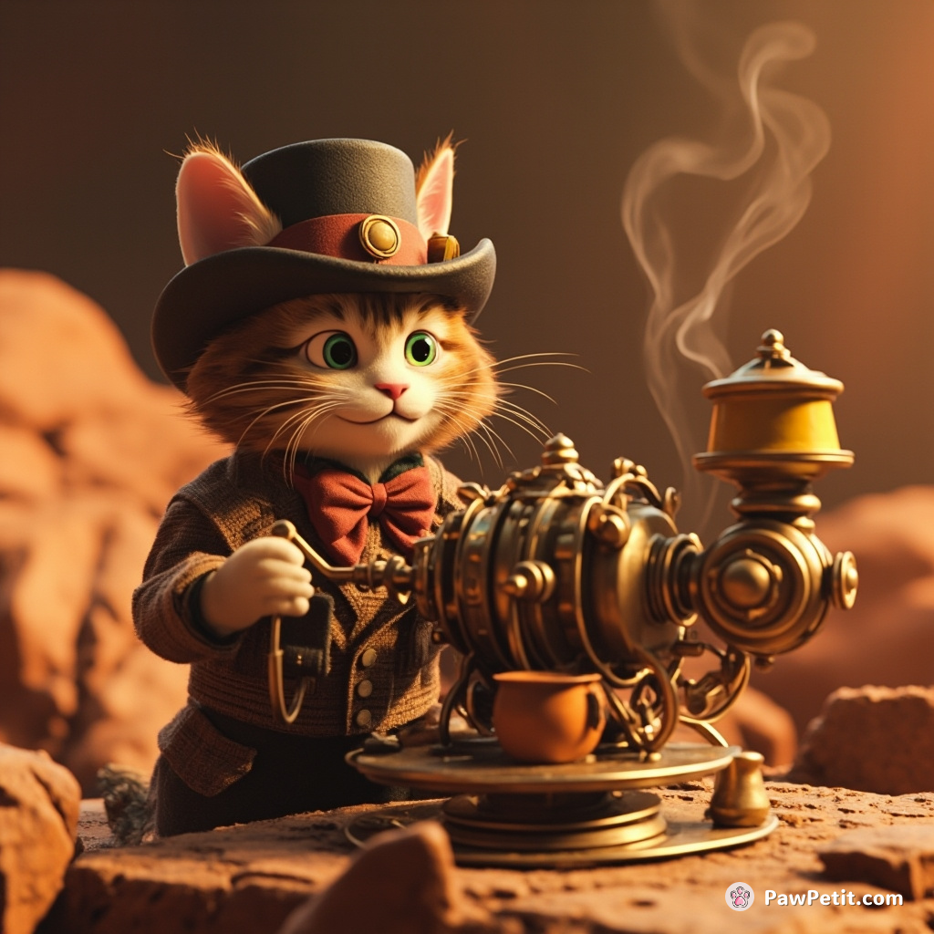 Victorian-era cat operating a steampunk coffee machine on Mars