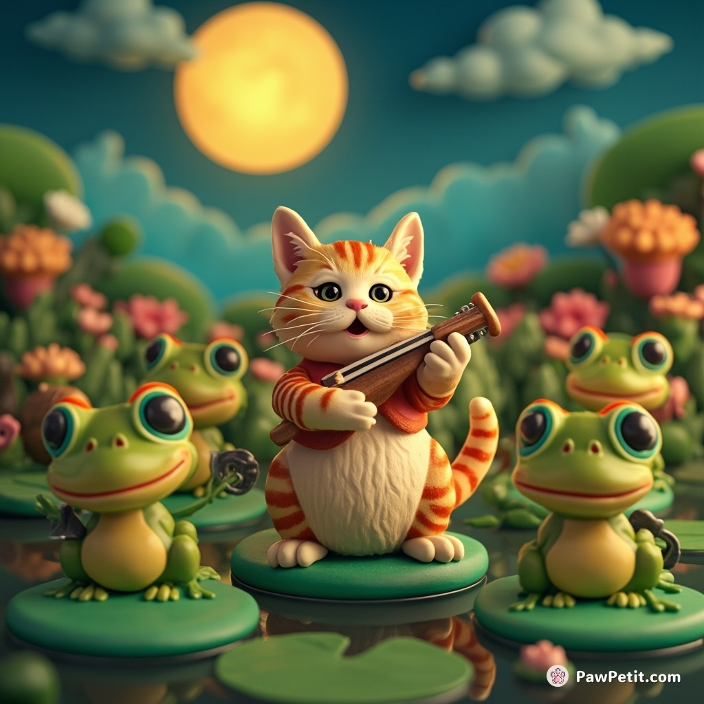 Cat conducting an orchestra of frogs on lily pads under a cheese moon.