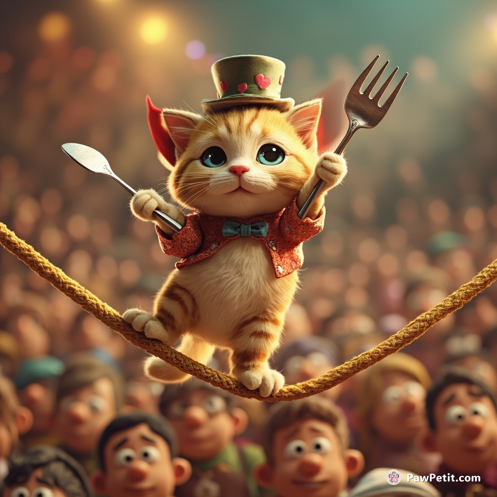 Cat performing a circus act on a tightrope above an oblivious crowd of cutlery-shaped people.