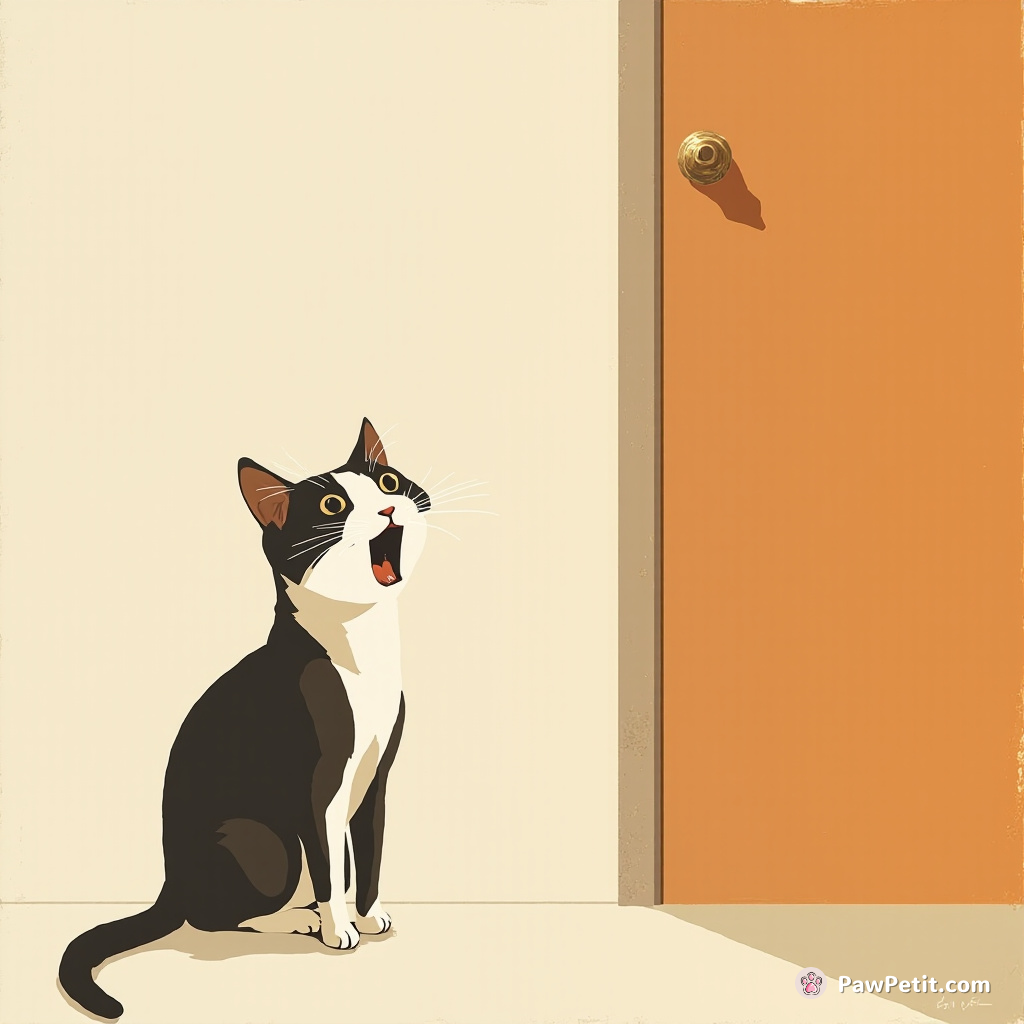 Cat bizarrely meows at a door, believing it to somehow communicate her desire for food and attention.