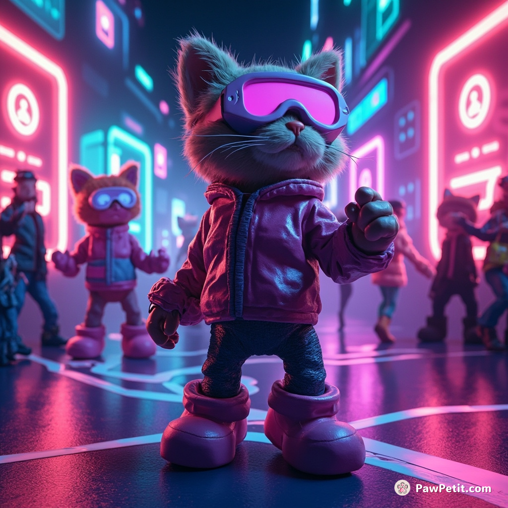 In Pixel Purradise, a VR world connecting cat-lovers globally, Sundance the cyber-cat initiates midnight dance-offs among feline avatars.