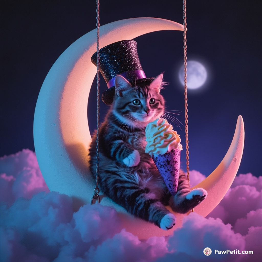 A cat swinging on a moon crescent while eating galaxy-flavored ice cream, sporting a top hat twinkling with tiny stars.