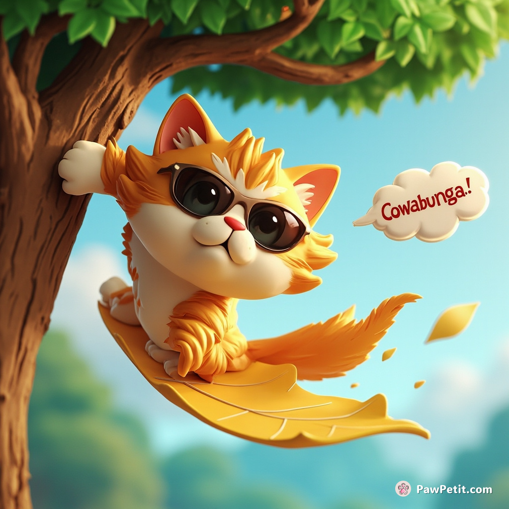 Cat scales a tree, dons sunglasses, then "surfs" a falling leaf, meowing "Cowabunga!" as it lands gracefully.