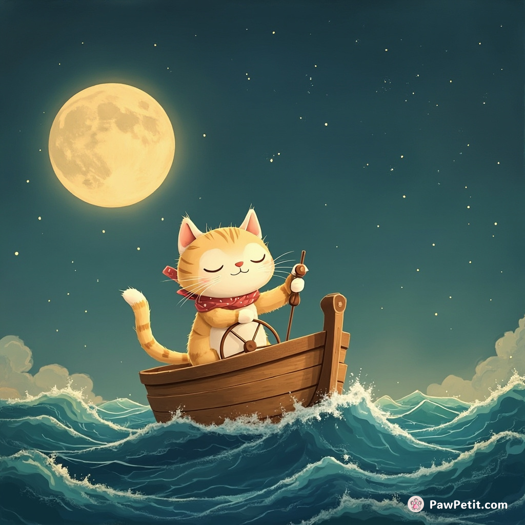 Whiskers the cat sails the seas, piloting a ship with a paw-held compass, chasing the moon's glow.