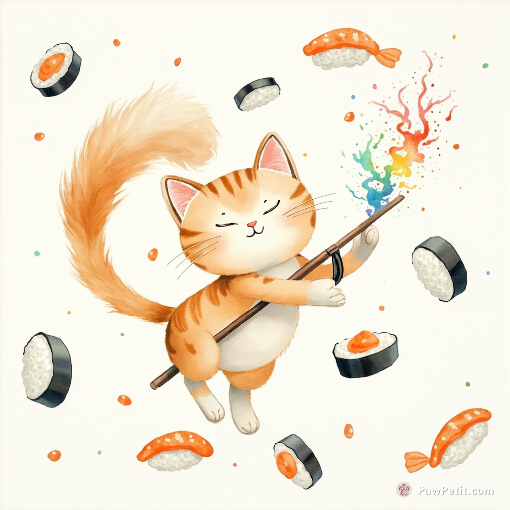 Cat doing calligraphy using a rainbow ink-tipped tail in zero gravity, surrounded by floating sushi.
