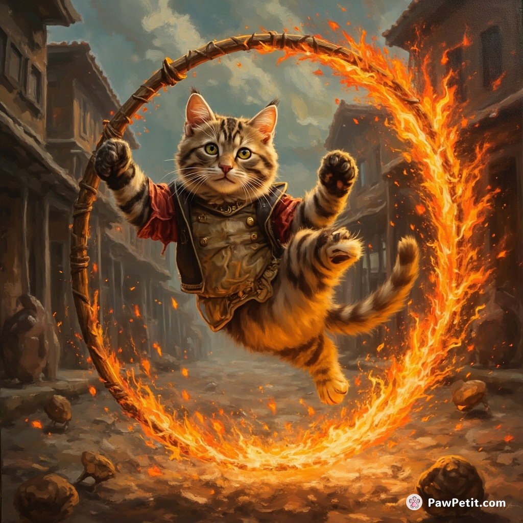 Cat jumps through flaming hoop, accidentally saving town mayor, hailed as human hero for bravery.