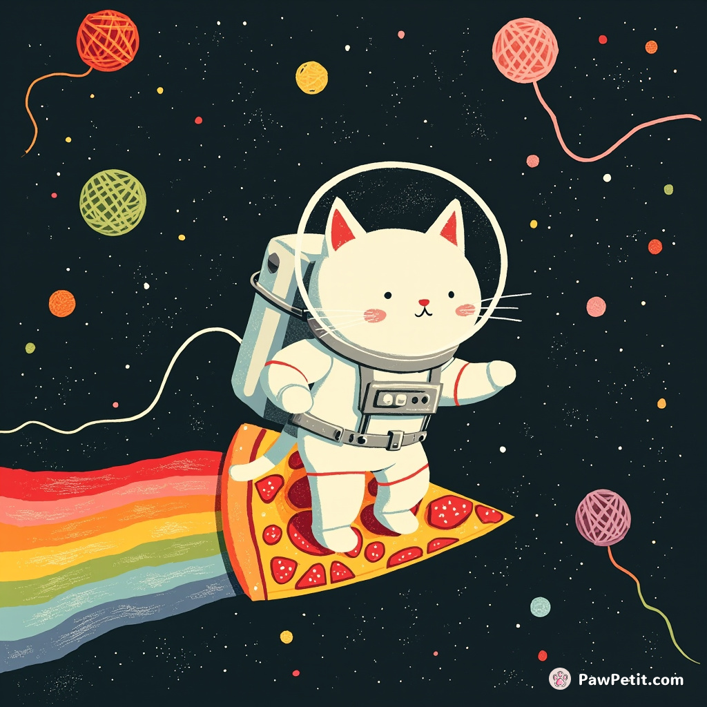 Cat astronaut surfing on a rainbow pizza slice through a galaxy of floating yarn balls.