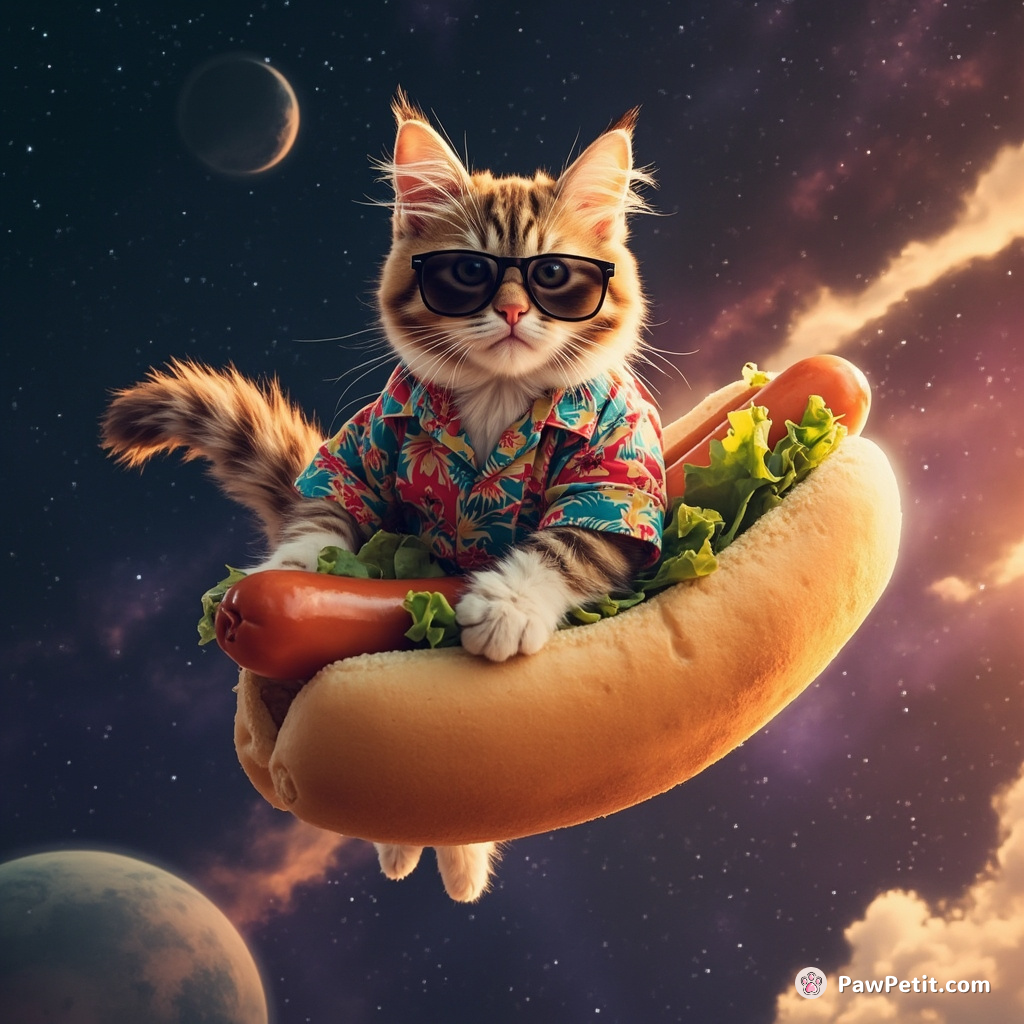 Cat riding a flying hotdog in outer space, with sunglasses and a Hawaiian shirt on