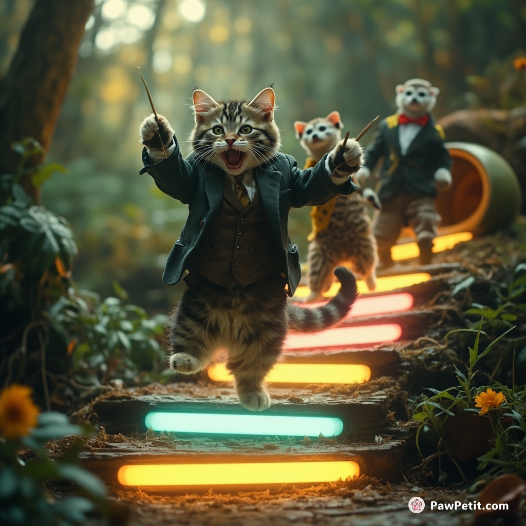 A cat joyfully skipping rope with witty, nimble meerkats in a formal polished suit, on the spiraling steps of a luminescent snail shell in the middle of an enchanted forest.