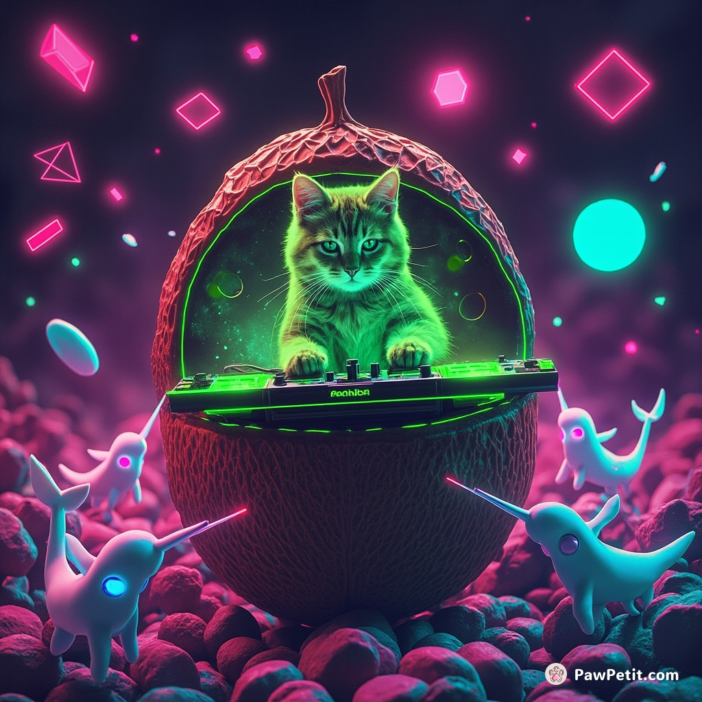 A neon-green cat DJing in a giant hazelnut amidst floating geometric shapes while narwhals with laser beam eyes dance to the rhythm.