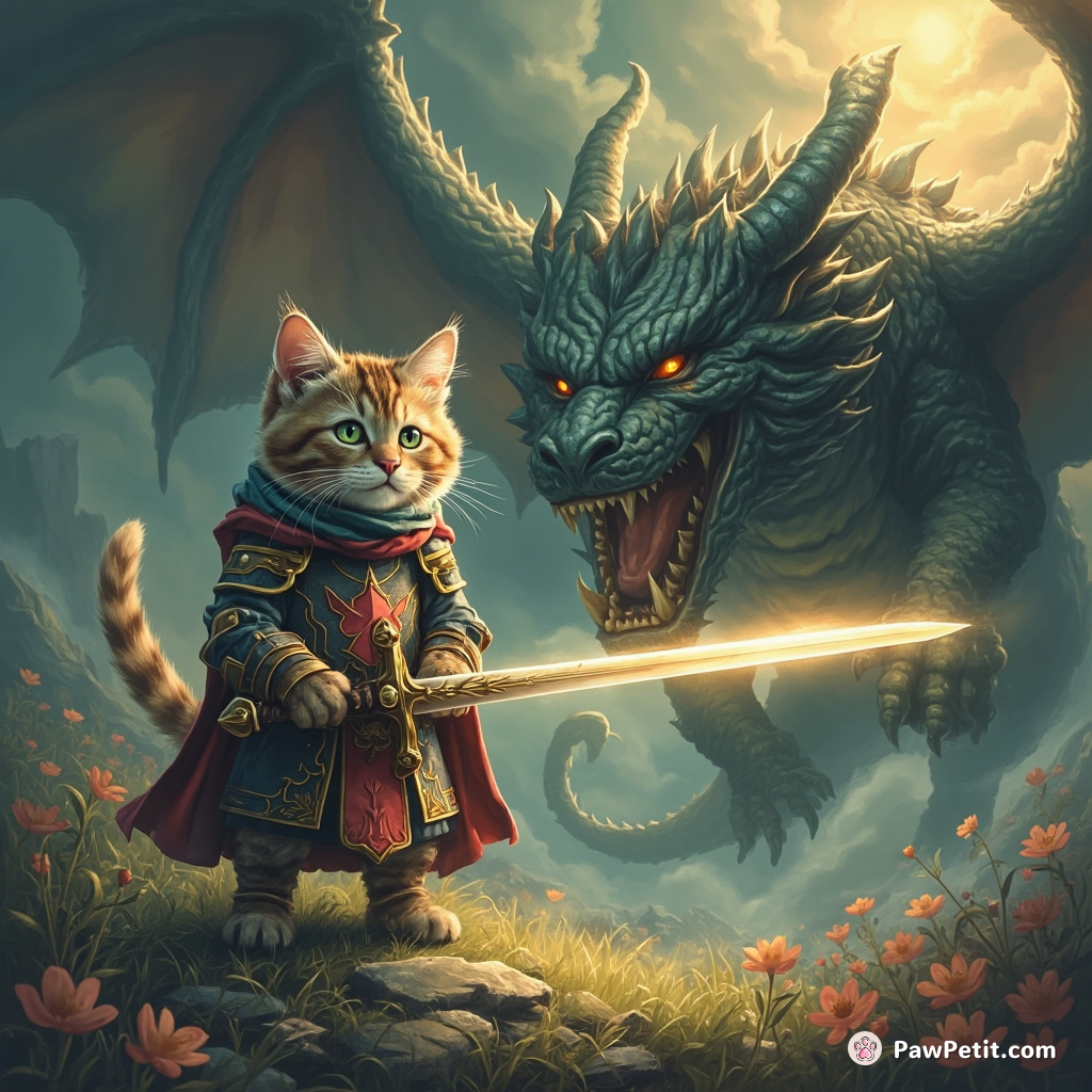 The gallant cat knight unsheathed his sparkling whisker-sword, confronting the menacing dragon threatening his beloved home kingdom.