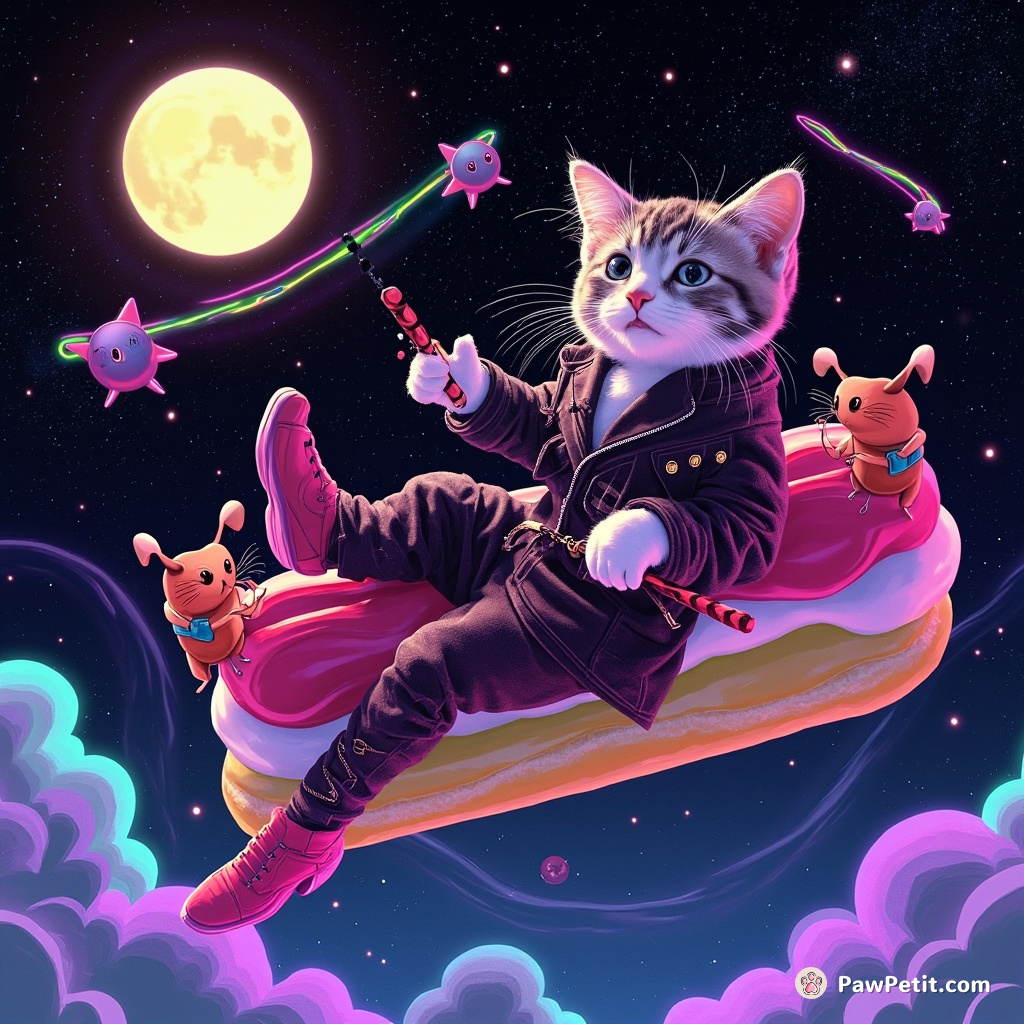 A cat aboard a floating eclair, orchestrating a symphony of baby Martian mice with her candy-cane baton under a rainbow moon.