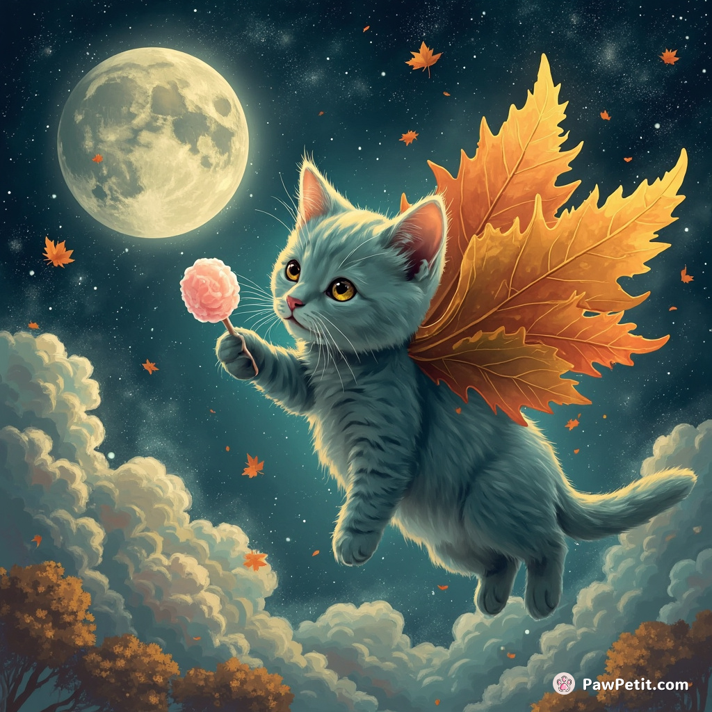 A teal cat with wings made of autumn leaves, flying near the third moon of a distant galaxy, while eating stratospheric candyfloss.