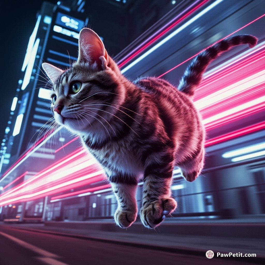 Aero-tram leaping, robo-mice evading, whiskers twitch; the mackerel-striped feline seamlessly integrates carnal instinct into the pulsating neon heart of Futuro-City。