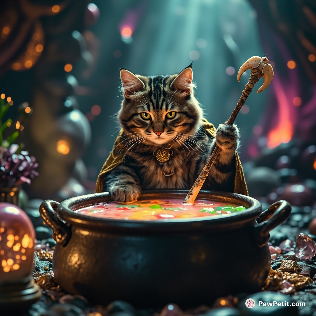 A princely cat disdainfully stirring a huge cauldron of rainbow soup with a fishbone wand in low-gravity diamond grotto.