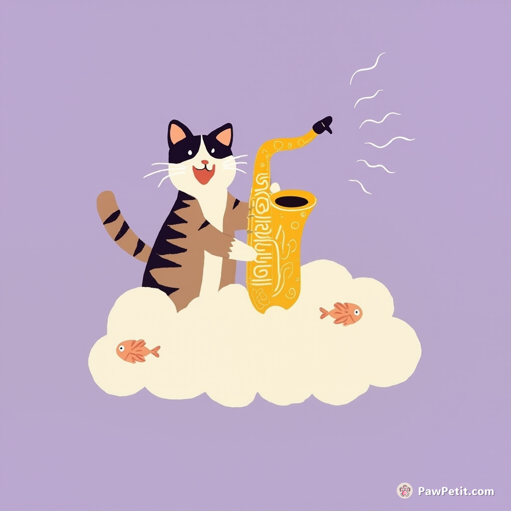 A tabby cat cheerfully playing a saxophone made of spaghetti on top of a cloud shaped like fish swimming in purple skies.