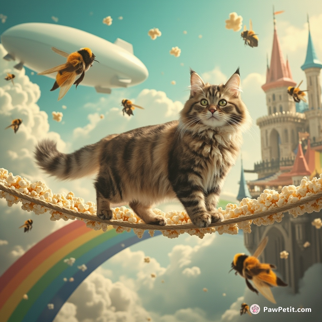 Cat tightrope walking on a rainbow between two cloud castles, dodging popcorn rain and blimp-sized bumblebees.