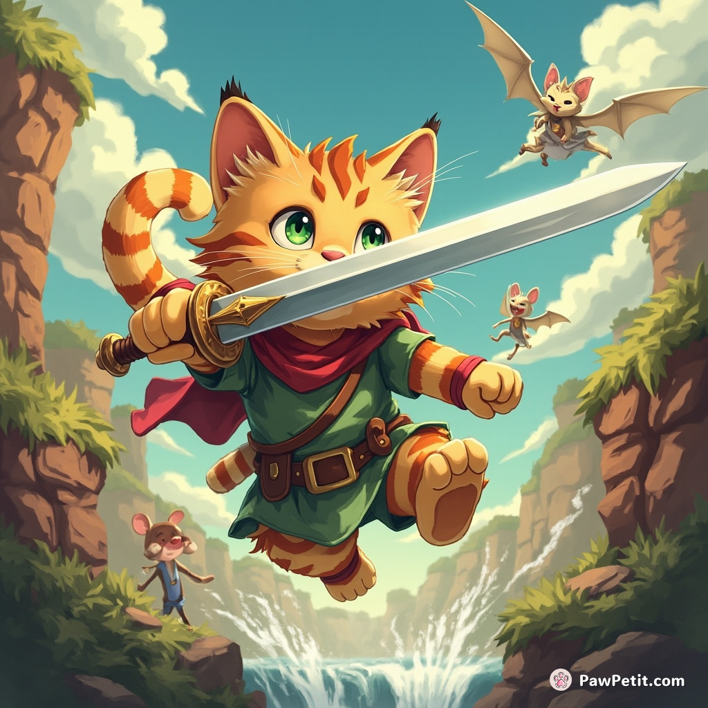 Whiskers the cat swings sword, leaps chasm, rescues mouse queen, winks at dragon, becomes hero of Felinewood.