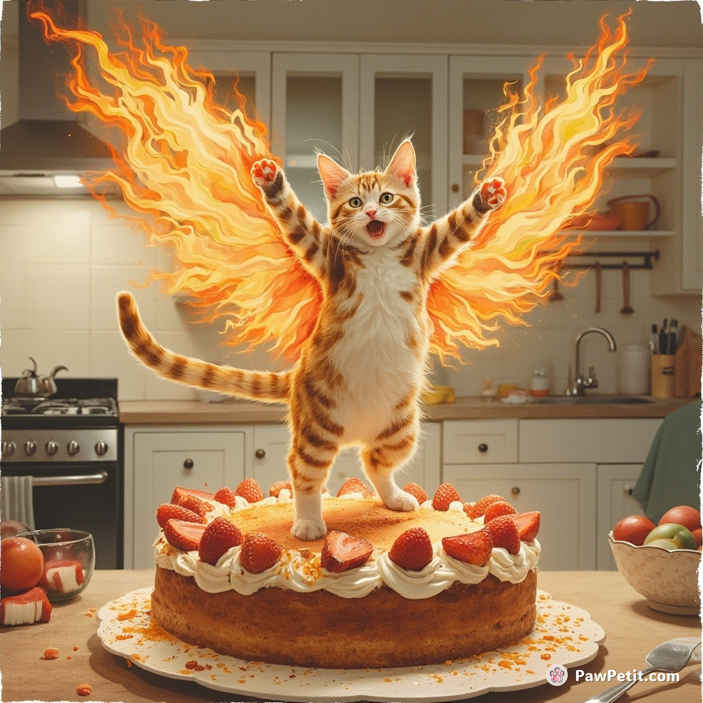 A cat gleefully fanning its wings of fire while tap dancing on large Gateau St. Honoré in a post-apocalyptic kitchen setting.