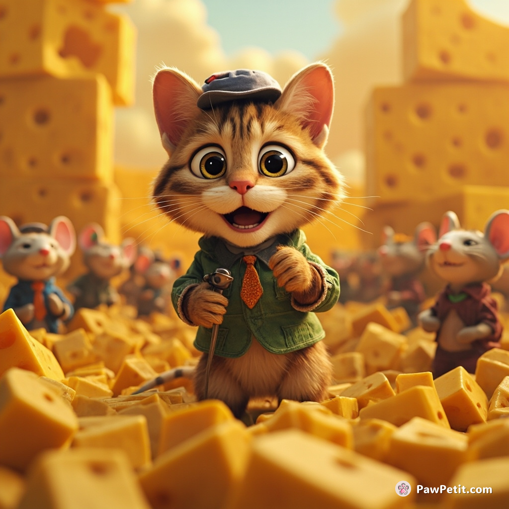 Cat performing stand-up comedy to an audience of mice in a field of cheese.