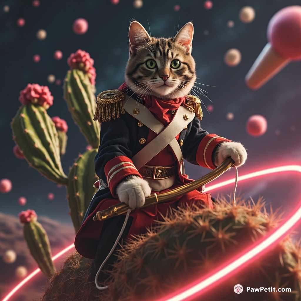 Cat wearing a Napoleon Bonaparte's uniform, riding a neon cactus through the asteroid belt with candy meteorites.