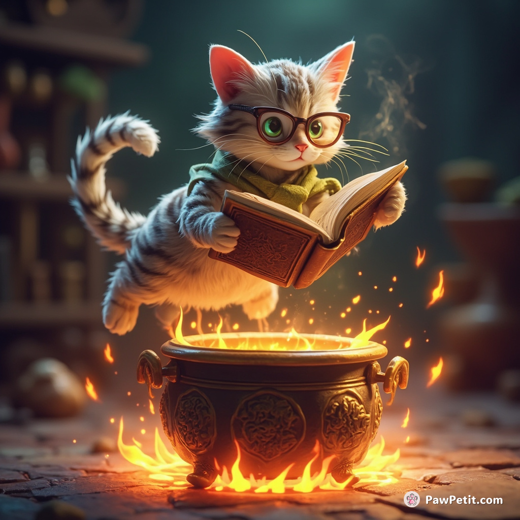 Cat mid-flip brewing a concoction in an ornate cauldron suspended over a flickering rainbow fire, while reading an old grimoire with glasses balanced on its whiskers.