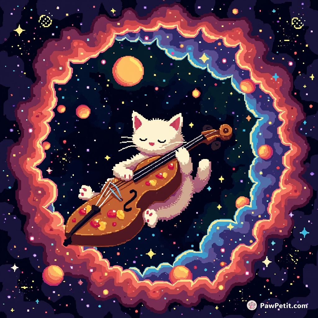 Cat playing the cello on a slice of pizza, floating through an intergalactic wormhole.