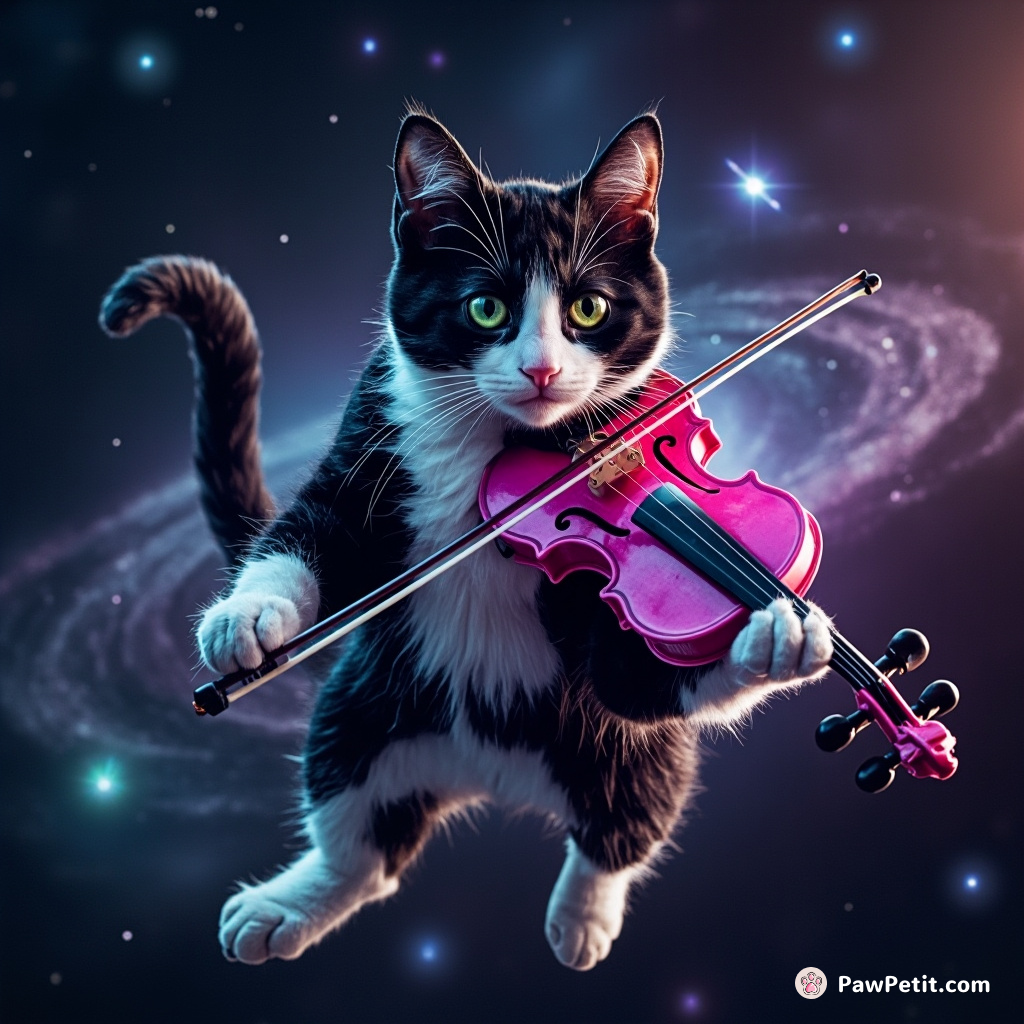 A tuxedo cat playing a neon viola in zero gravity, surrounded by swirling galaxies.