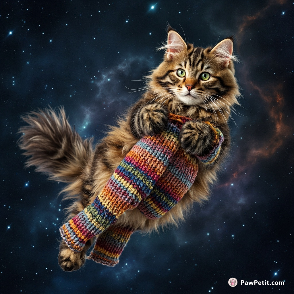 A cat floating in space, knitting a multi-striped cosmos-quilt with celestial yarns.