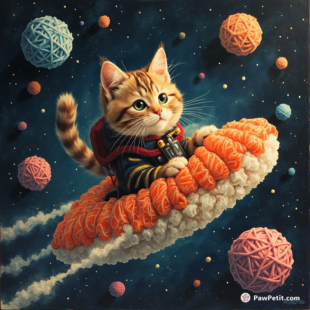 A cat piloting a spaceship made of sushi through a galactic field of yarn planets.