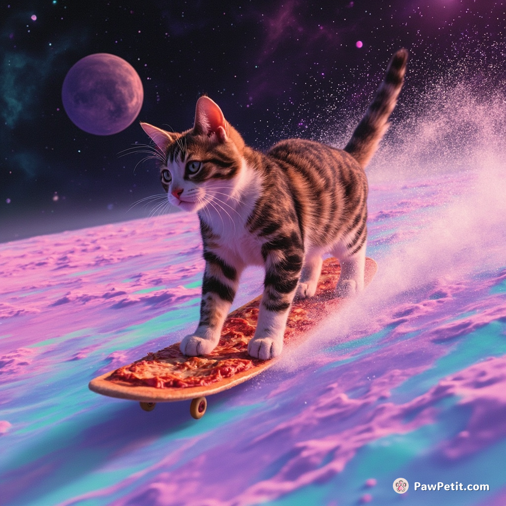 Cat surfing on a slice of pepperoni pizza in a swirling pastel ocean under a rainbow galaxy sky.