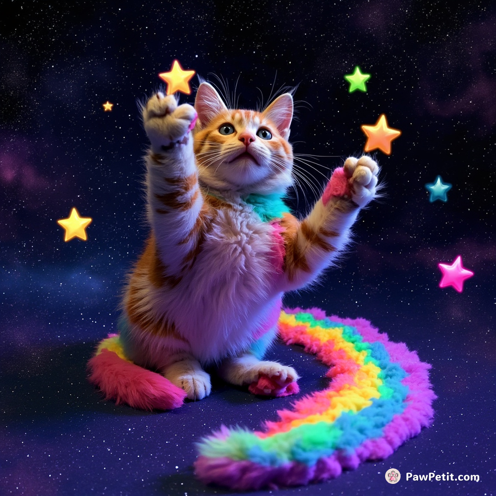 Cat plucking stars from the cosmos while dyeing them rainbow colors with her tail.