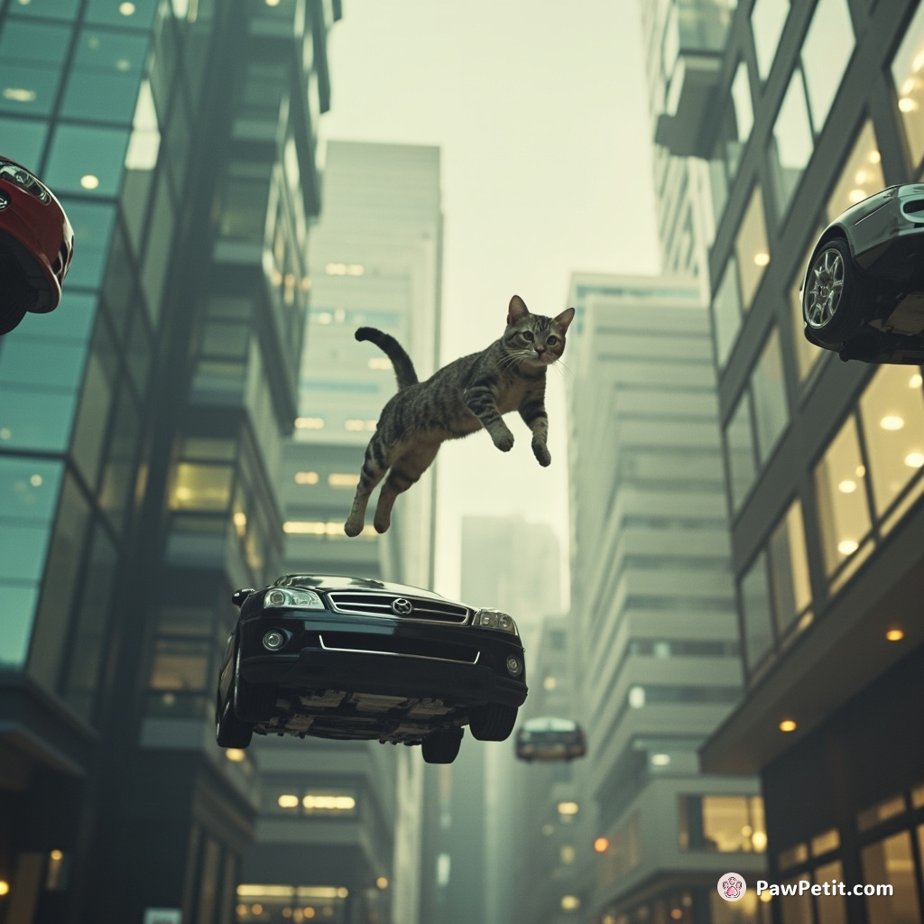 A sleek cat vaults between hovering cars, pirouetting gracefully to land on a levitating skyscraper terrace.