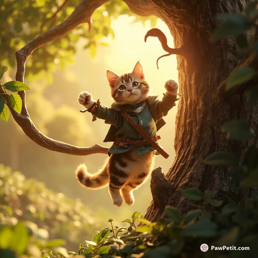 The cat energetically bounds up a tree, sunlit fur mimicking a tiny questing knight amid the curling branches.