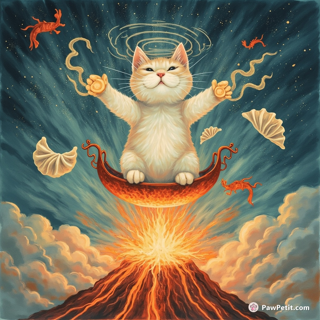 McCullough Kitty using its psychic abilities to levitate 粽子 (Chinese sticky rice dumplings) over a neon dragon boat suspended above an erupting volcano.